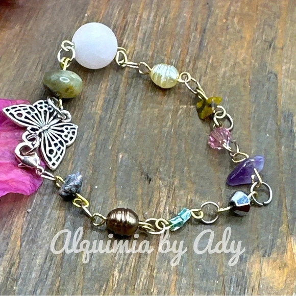 Rainbow multicolored multi stone chips beaded bracelet butterfly charm - Picture 1 of 5